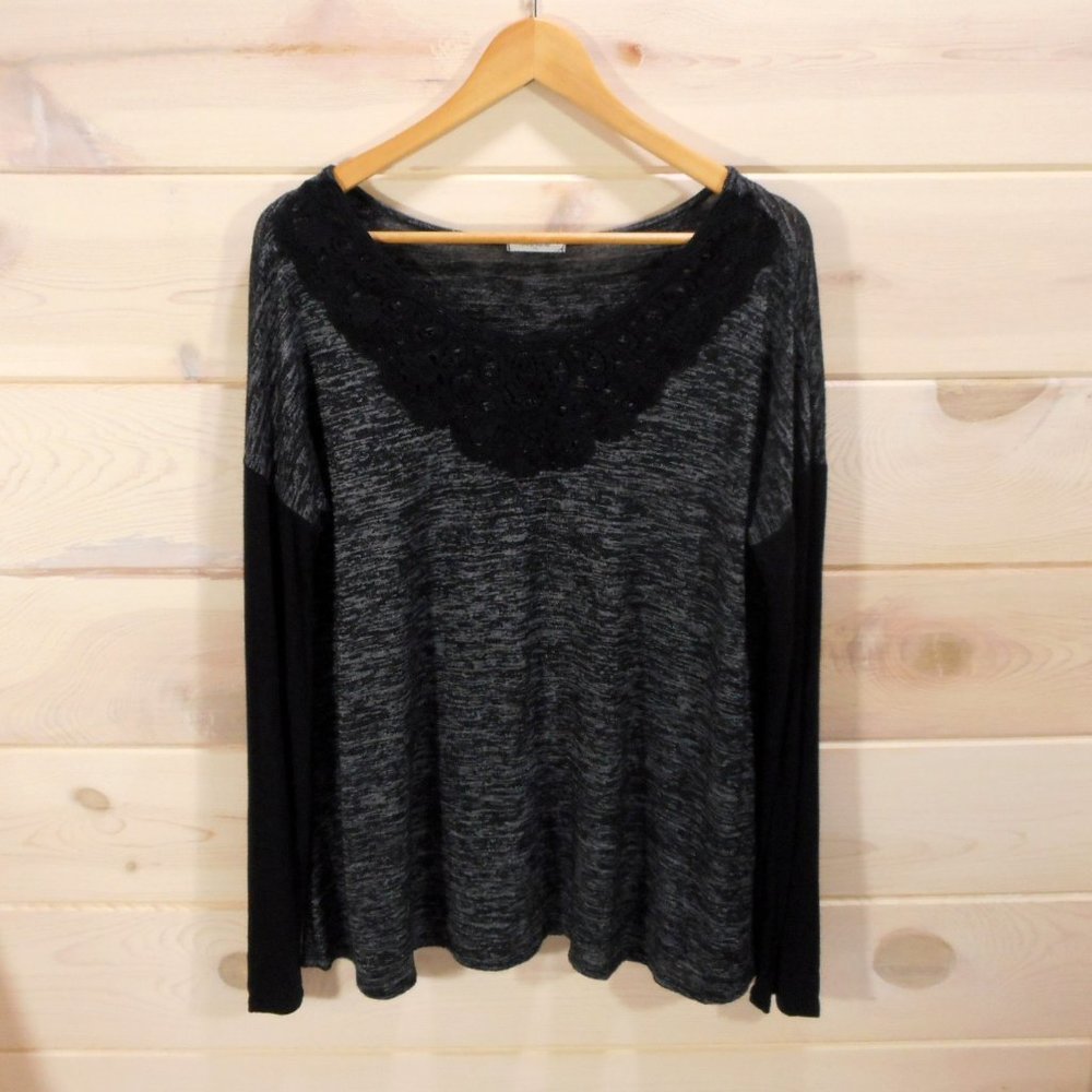 12pm by Mon Ami Top Women's L Gray Black Lace Crochet Long Sleeve Shirt